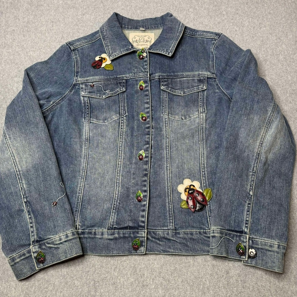 Brighton Denim Jean‎ Jacket Size L Limited Edition Ladybug Patches Enamel Snaps
